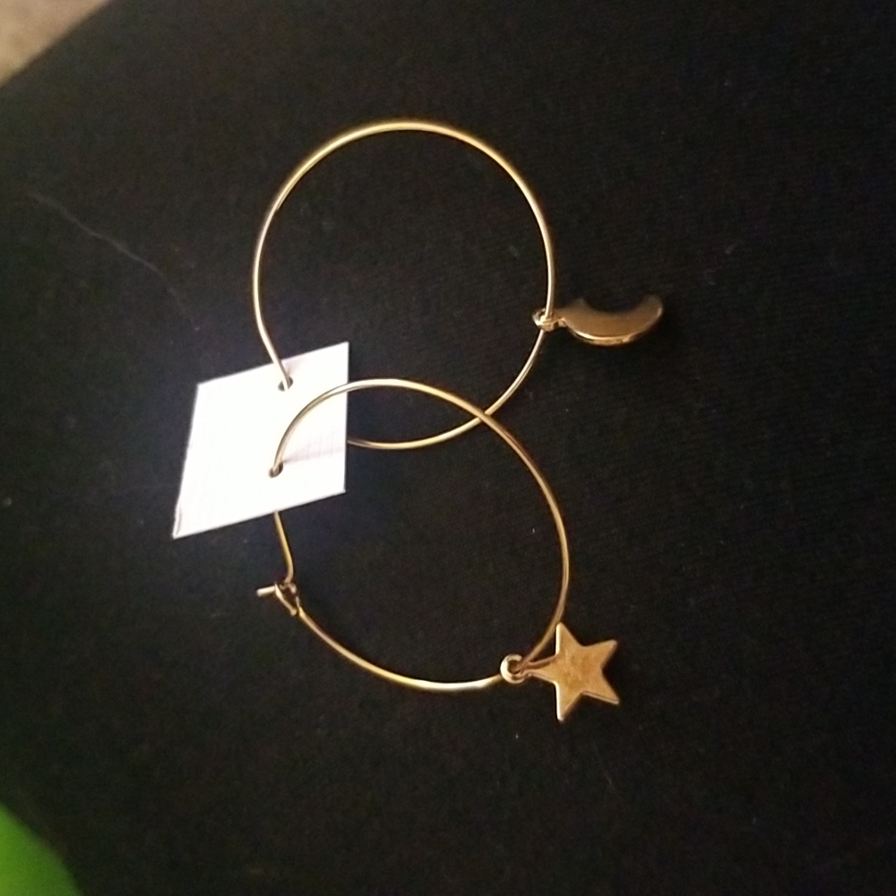 Thin hoop earrings with star and moon